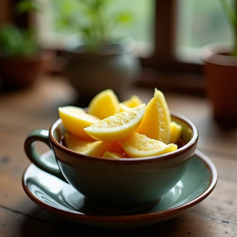 Chá de gengibre sendo preparado em xícara de cerâmica.