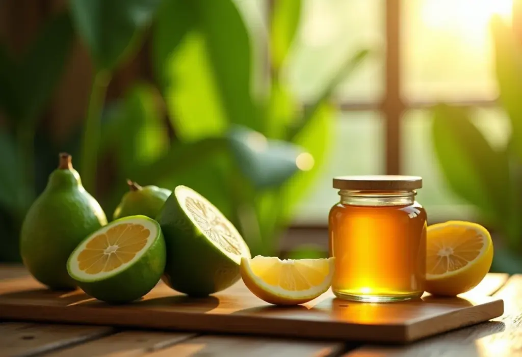 Chá de guaco com limão e mel sendo preparado em mesa rústica com luz natural