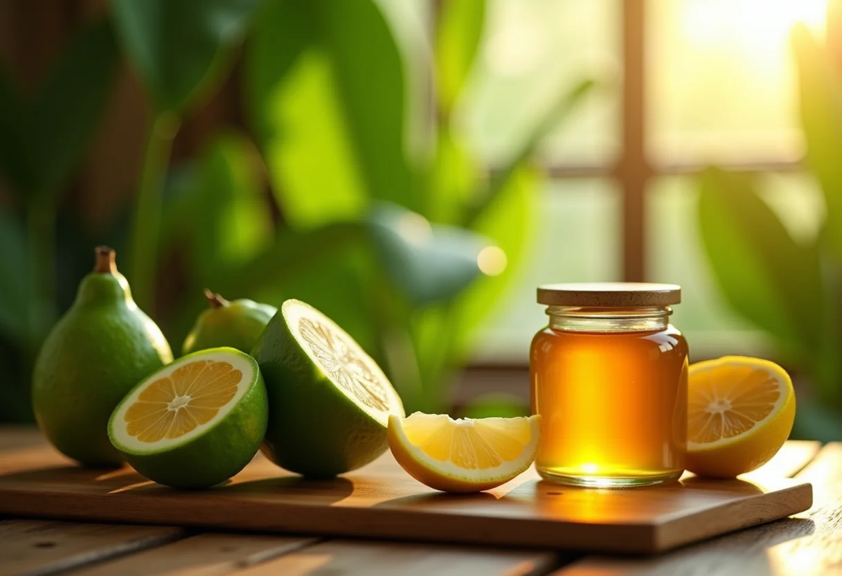 Chá de guaco com limão e mel sendo preparado em mesa rústica com luz natural