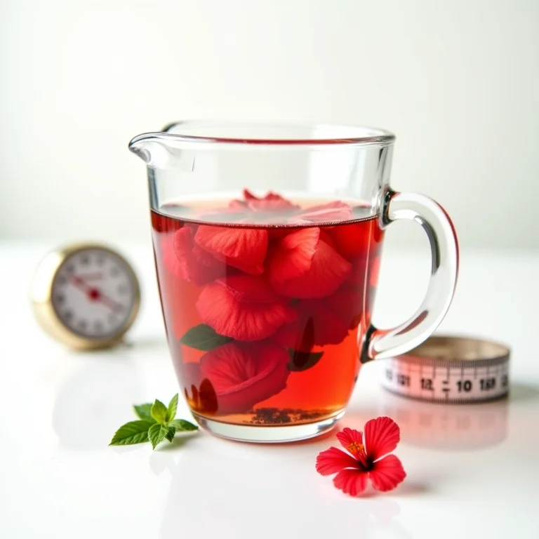 Chá de hibisco, balança e fita métrica.