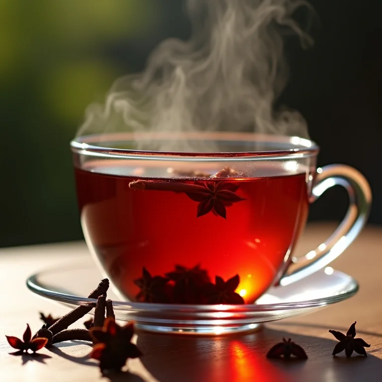 Chá de hibisco com cravo em uma xícara de vidro transparente.