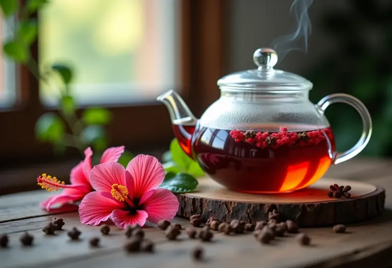 Chá de hibisco com cravo sendo preparado em bule de vidro sobre mesa rústica.