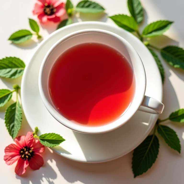 Chá de hibisco com hortelã destacando o potencial antioxidante