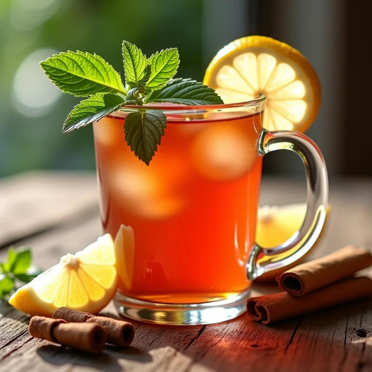 Chá de hibisco com hortelã, limão e canela.