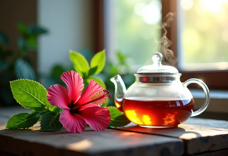 Chá de hibisco com hortelã sendo preparado em bule de vidro com flores e folhas frescas
