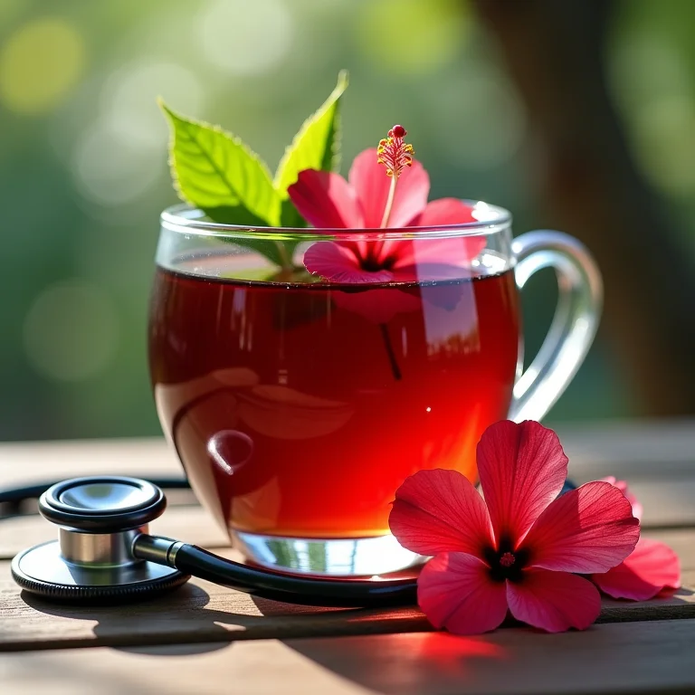 Chá de hibisco e estetoscópio em formato de coração.