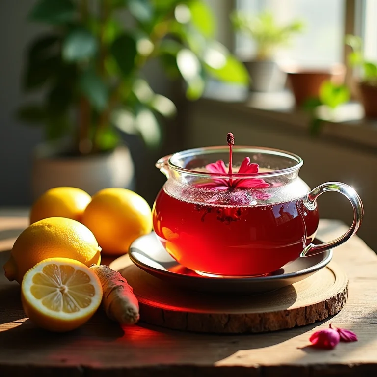 Chá de hibisco em bule de cerâmica com limão, gengibre e mel.