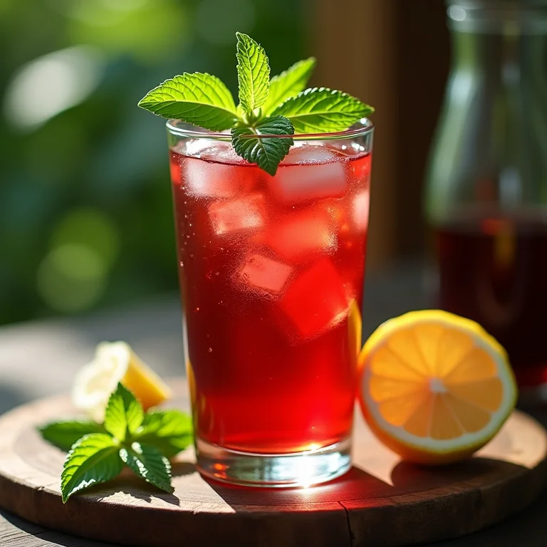 Chá de hibisco gelado com hortelã e limão sobre mesa de madeira.