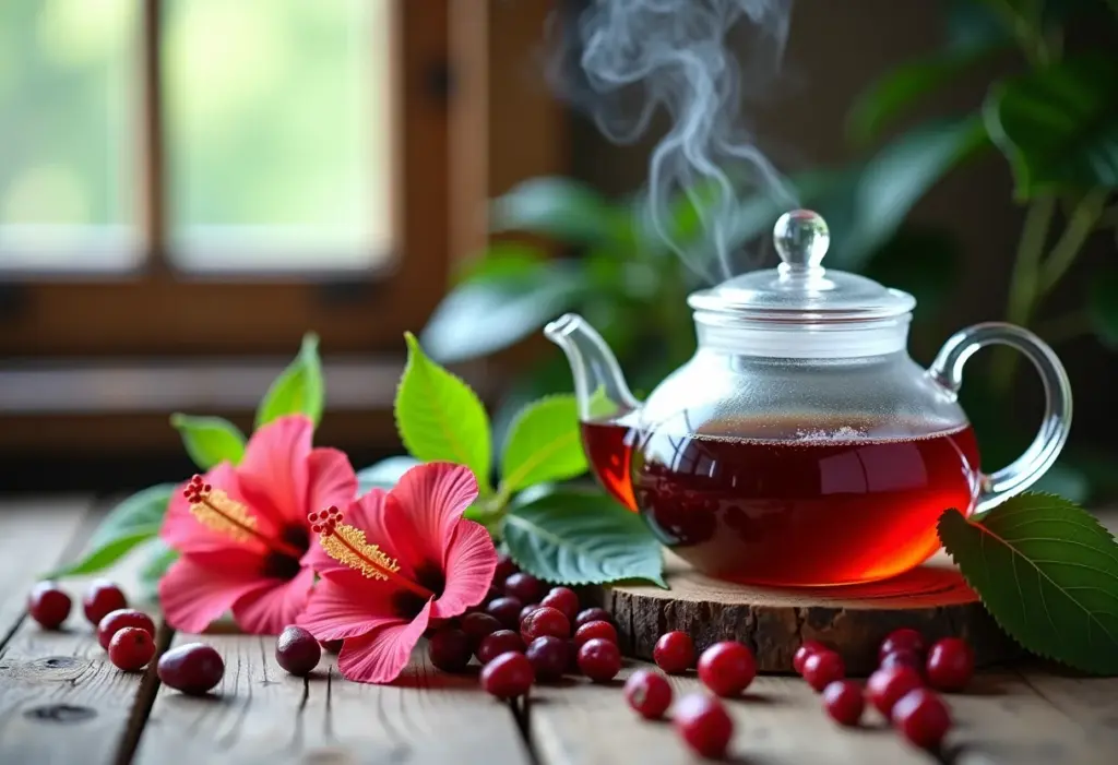 Chá de hibisco, rosa silvestre e amora sendo preparado em bule de vidro sobre mesa rústica.