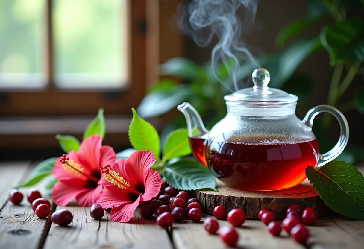 Chá de hibisco, rosa silvestre e amora sendo preparado em bule de vidro sobre mesa rústica.