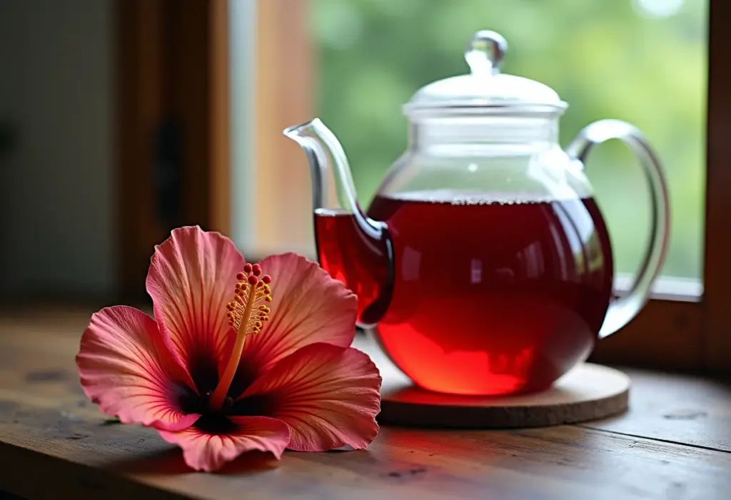 Chá de hibisco sendo preparado em bule de vidro