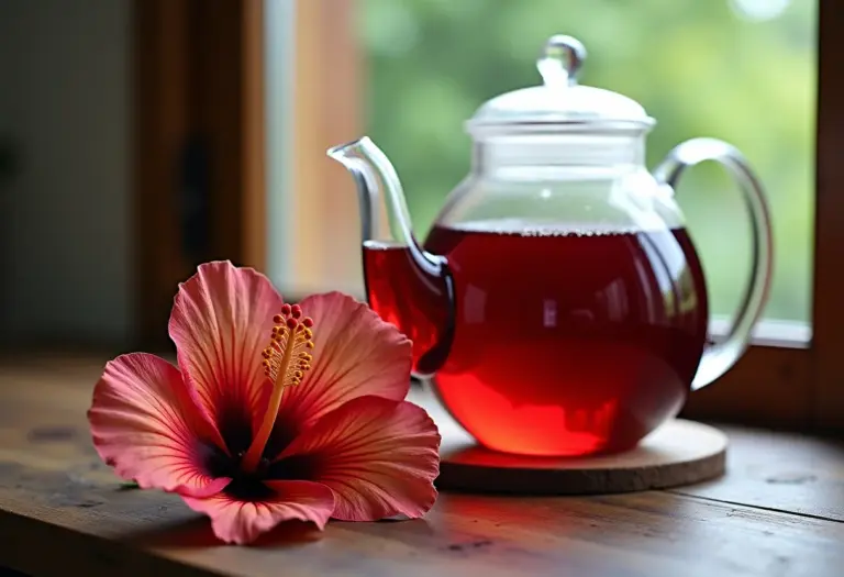 Chá de hibisco sendo preparado em bule de vidro