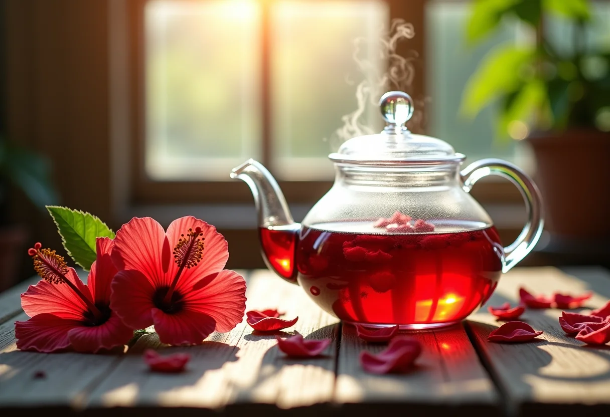 Chá de hibisco sendo preparado em bule de vidro com flores secas ao redor.
