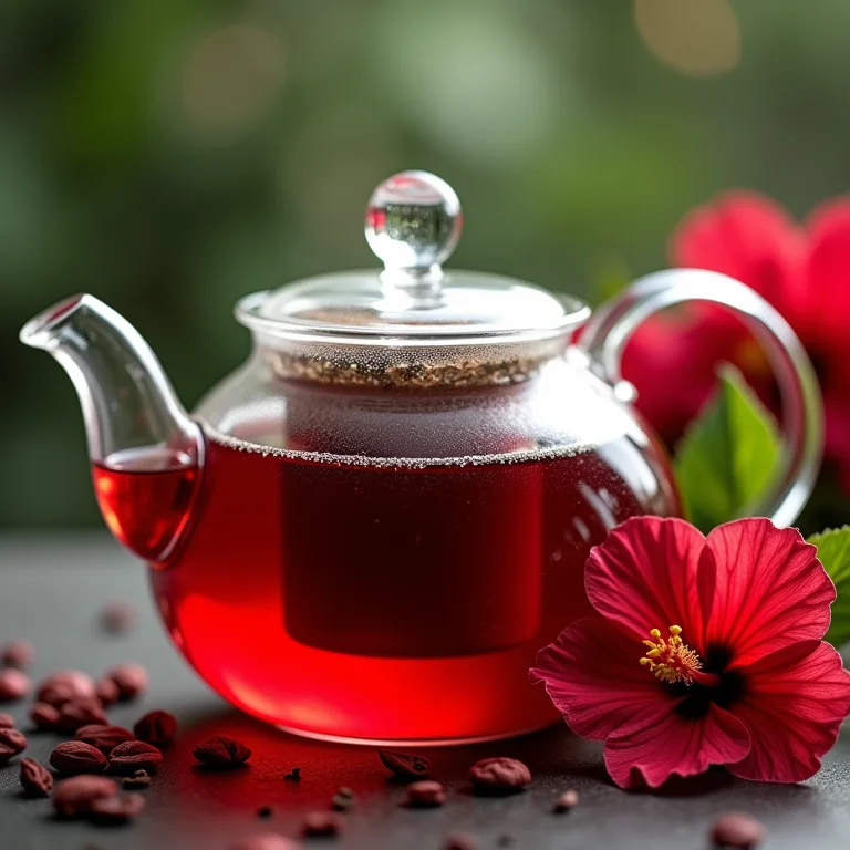 Chá de hibisco sendo preparado em bule de vidro, exibindo a cor vermelha vibrante, com flores de hibisco frescas ao lado.