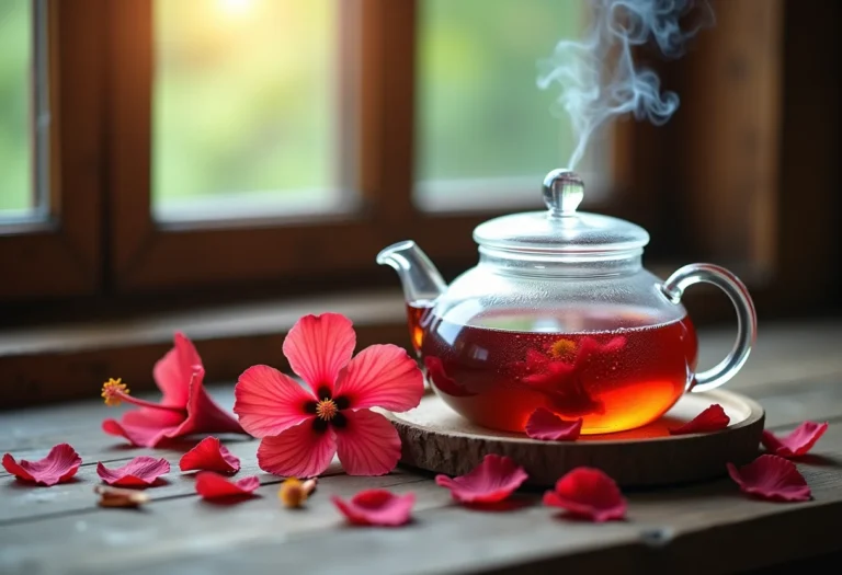 Chá de hibisco sendo preparado em bule de vidro sobre mesa rústica.