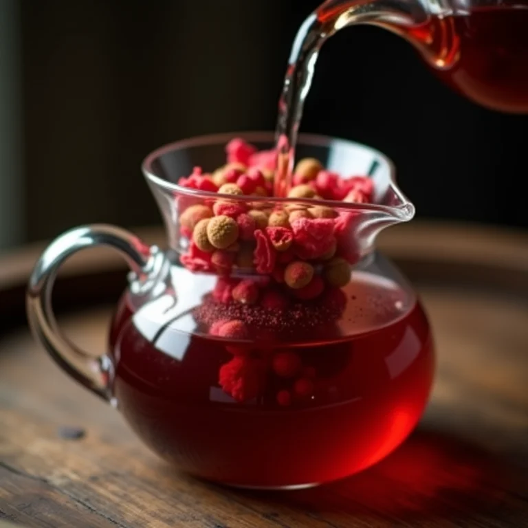 Chá de hibisco sendo preparado em bule de vidro.