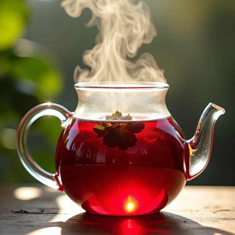 Chá de hibisco sendo preparado em um bule de vidro, com a água infundindo o pigmento vermelho