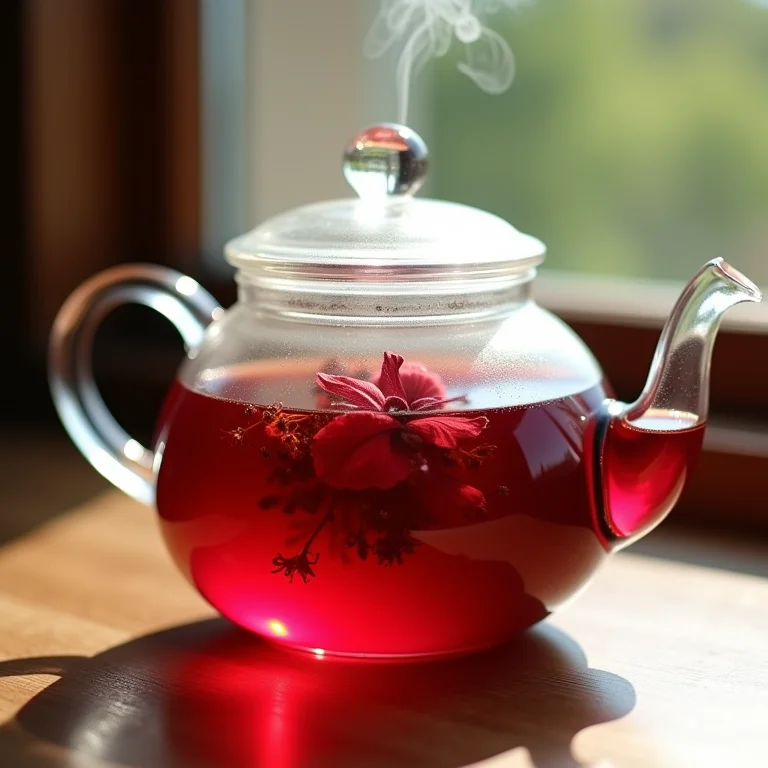 Chá de hibisco sendo preparado em um bule de vidro.