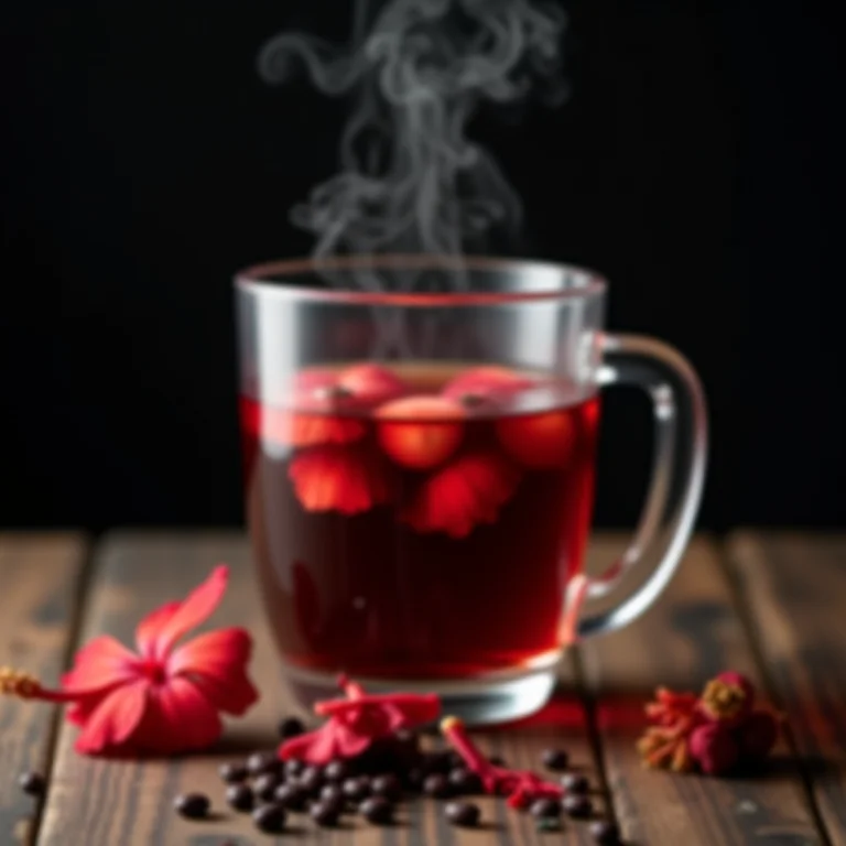 Chá de hibisco sendo preparado em xícara de vidro.