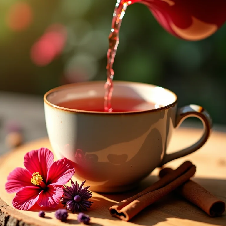 Chá de hibisco sendo servido em xícara de cerâmica com canela.