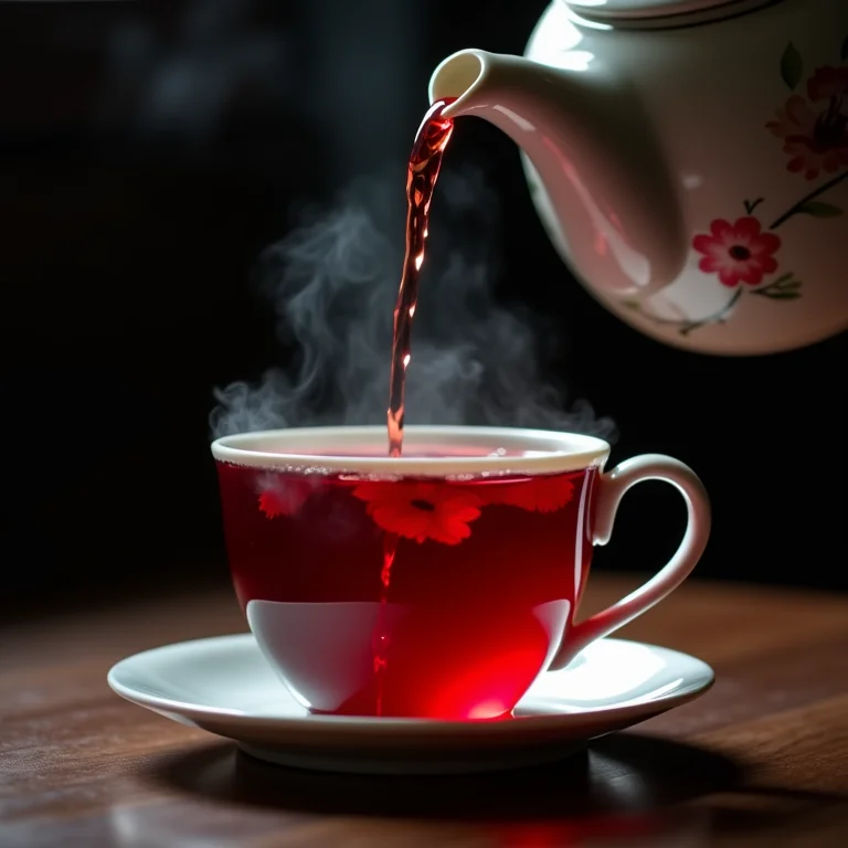 Chá de hibisco sendo servido em xícara de porcelana.