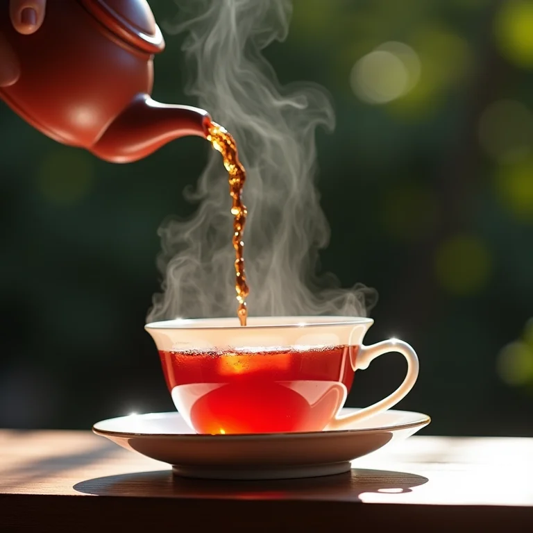 Chá de hibisco sendo servido em xícara de porcelana.