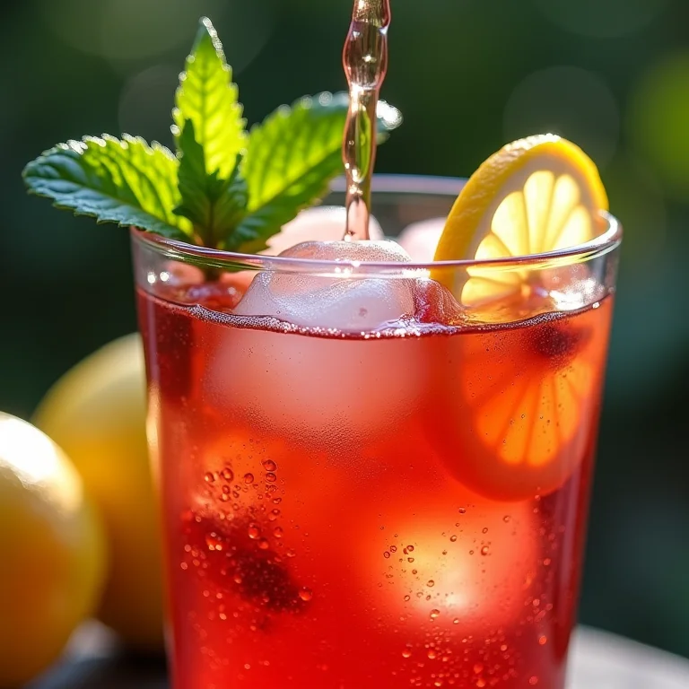 Chá de hibisco sendo vertido sobre gelo com limão e hortelã.