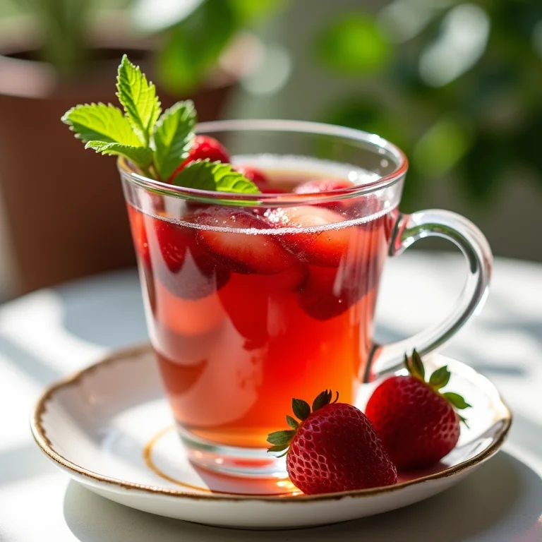 Chá de hibisco servido com morangos frescos e hortelã.