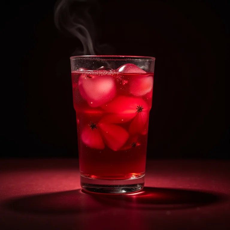 Chá de hibisco vermelho escuro rodopiando em copo de vidro.