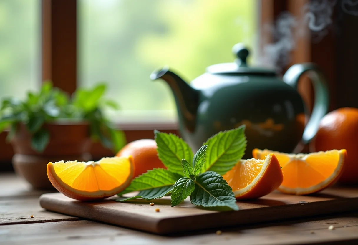 Chá de hortelã com laranja sendo preparado em mesa de madeira rústica.