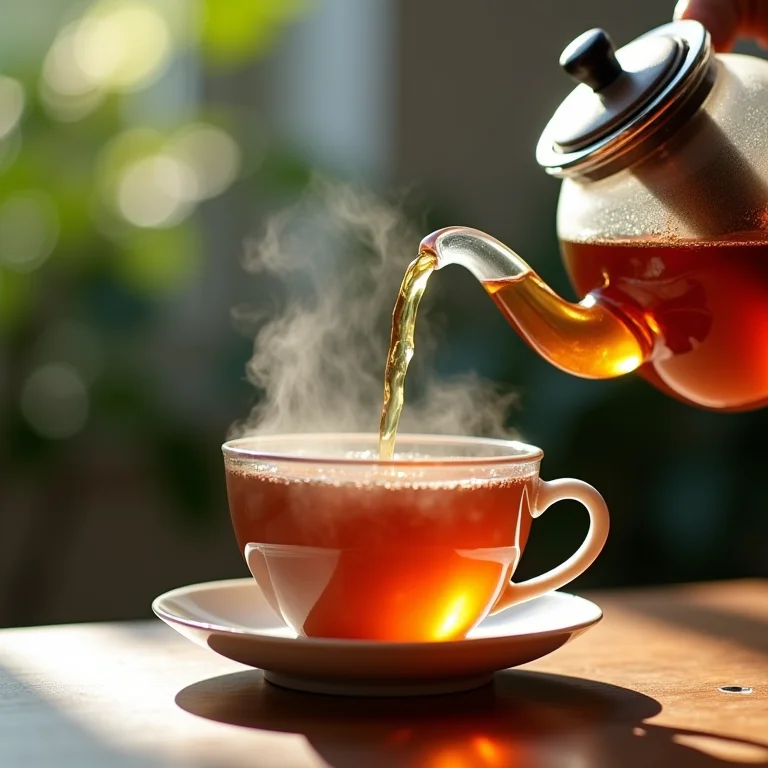 Chá de hortelã com laranja sendo servido em uma xícara de cerâmica.