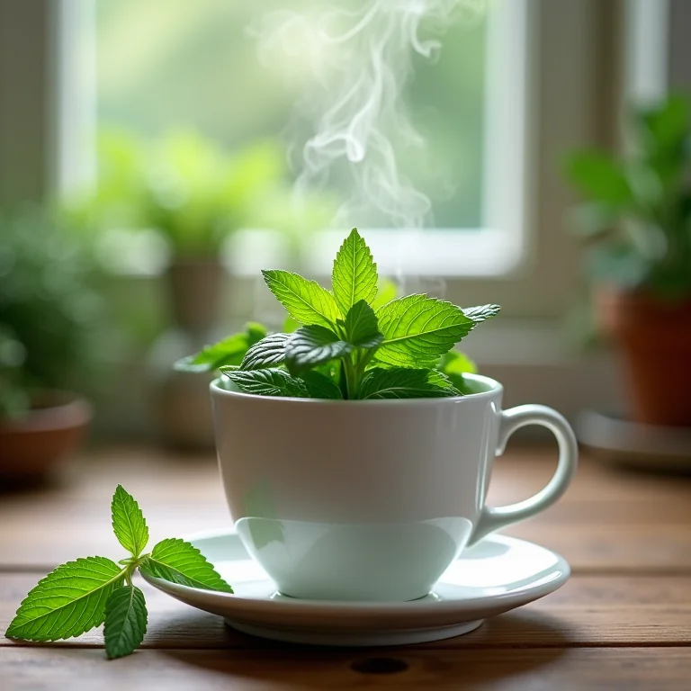 Chá de hortelã-pimenta sendo preparado em uma caneca de cerâmica.