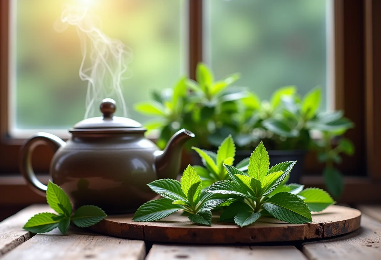 Chá de hortelã sendo preparado em bule de cerâmica vintage com folhas frescas, vapor, luz natural.