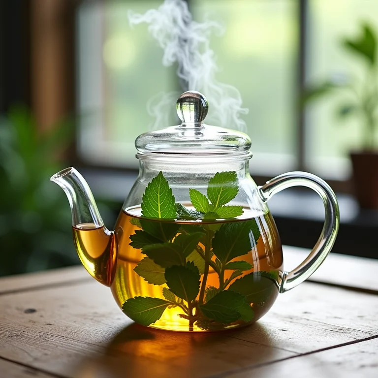 Chá de hortelã sendo preparado em bule de vidro transparente