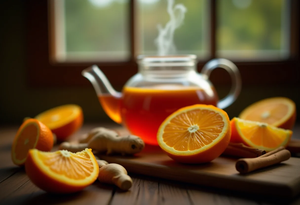 Chá de laranja com gengibre e canela em mesa rústica com ingredientes frescos