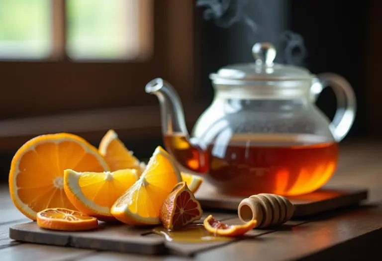 Chá de laranja com mel sendo preparado em bule de vidro sobre mesa rústica