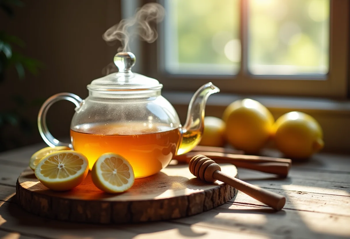 Chá de limão com mel e canela sendo preparado em bule de vidro
