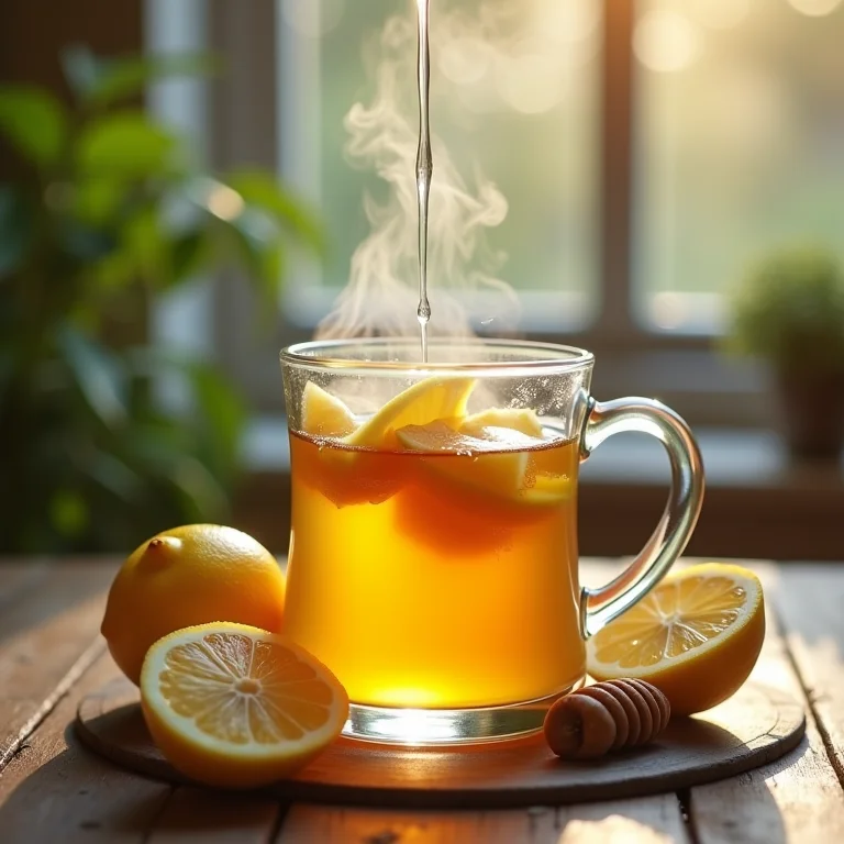 Chá de limão com mel sendo preparado em copo de vidro.