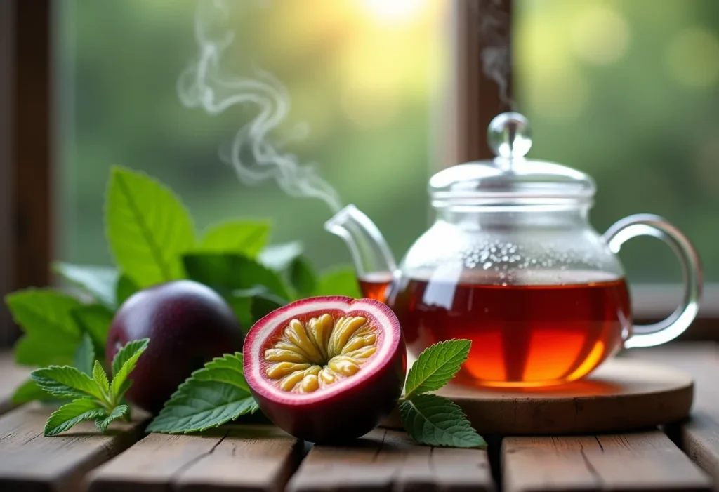 Chá de maracujá com hortelã: receita secreta para um sono profundo Chá de maracujá com hortelã sendo preparado em bule de vidro