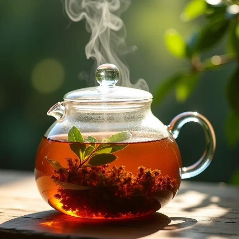 Chá de Marapuama sendo preparado em bule de vidro