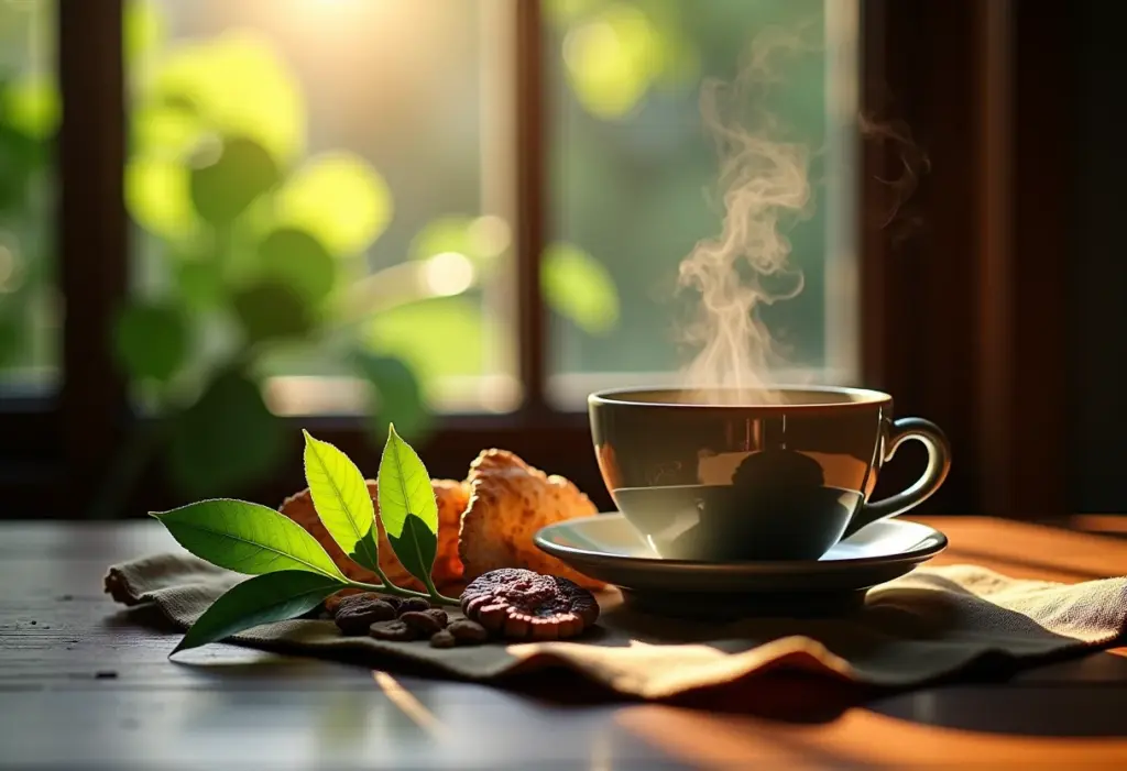 Chá de Marapuama sendo preparado em mesa de madeira rústica com luz natural