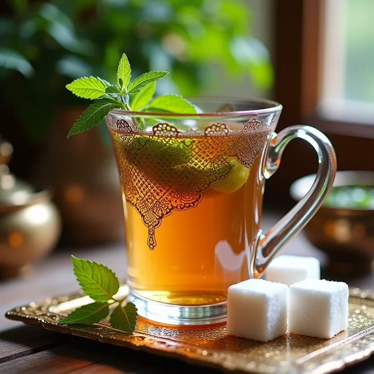 Chá de menta marroquina servido em copo ornamentado