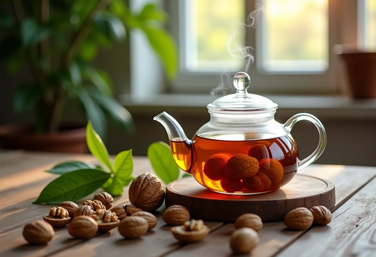 Chá de nogueira sendo preparado em bule de vidro sobre mesa rústica com folhas e nozes