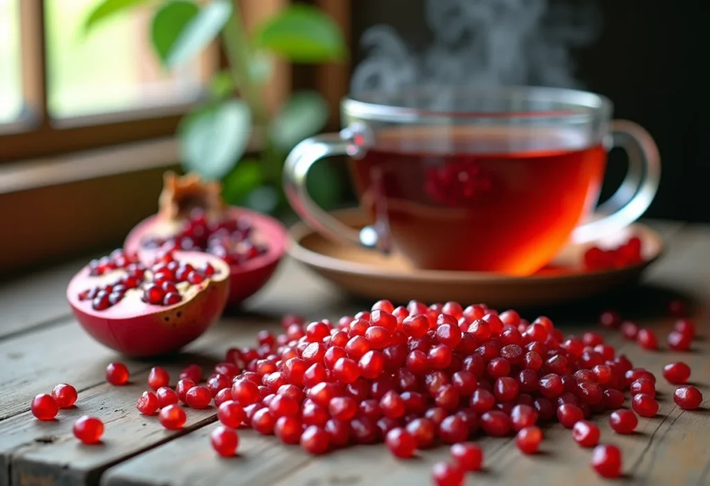 Chá de romã com ingredientes frescos e secos em mesa de madeira rústica