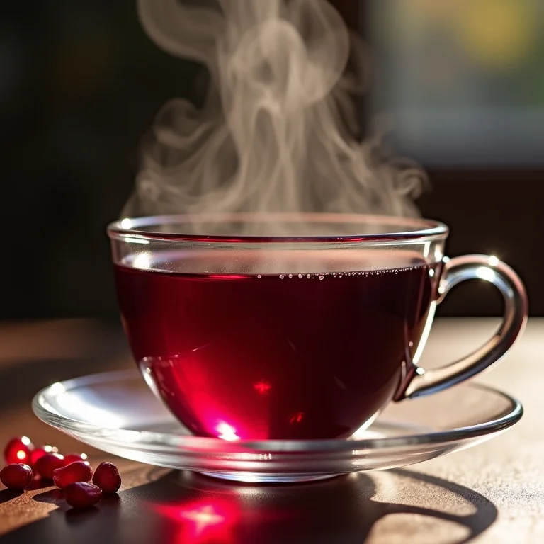 Chá de romã em xícara de vidro mostrando sua cor roxo-avermelhada