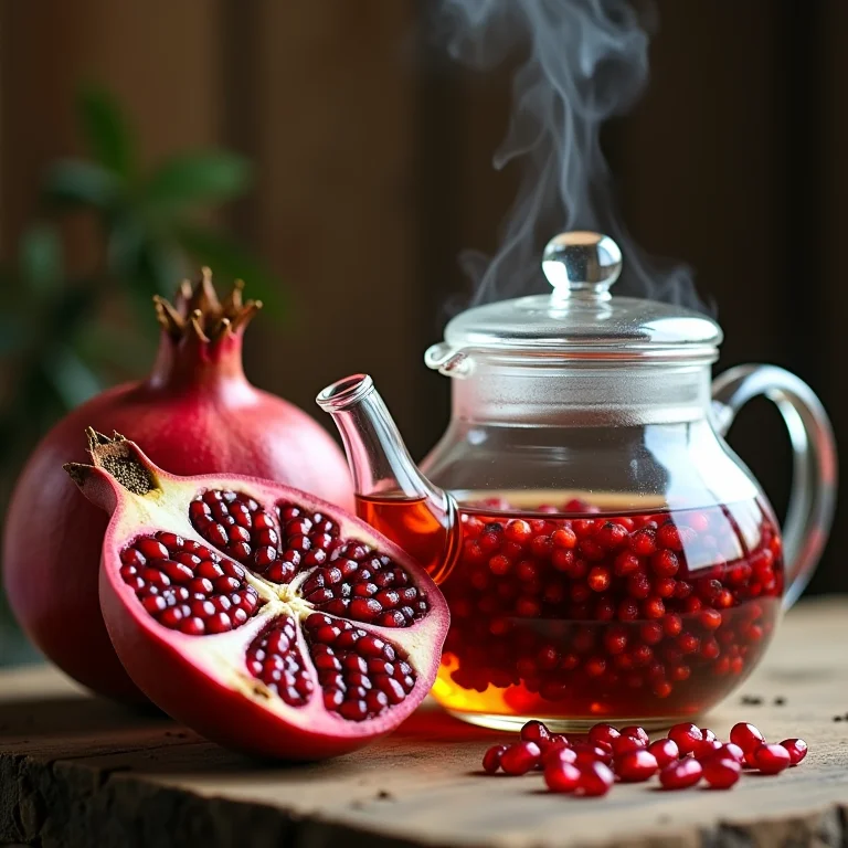 Chá de romã sendo preparado em bule de vidro com romã fresca