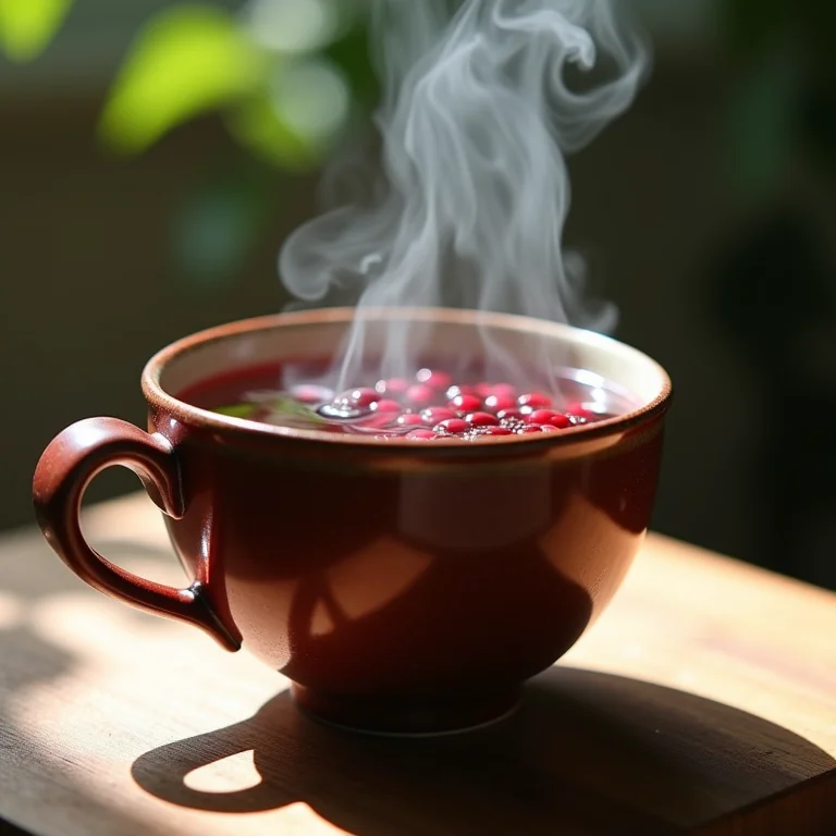 Chá de sabugueiro em infusão em xícara de cerâmica.