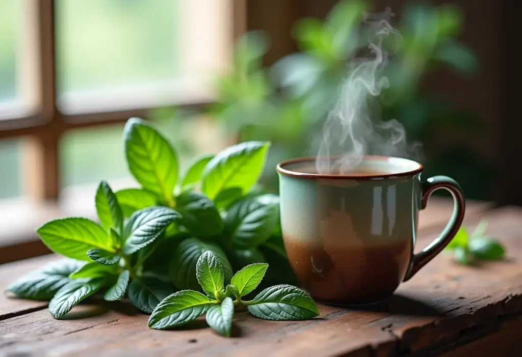 Chá de sálvia e hortelã sendo preparado em mesa rústica