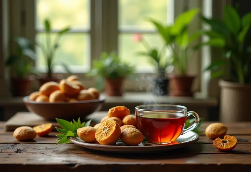 Chá de tamarindo sendo preparado em mesa de madeira rústica com luz natural