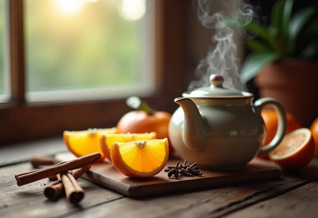 Chá de tangerina com cravo e canela em mesa de madeira rústica